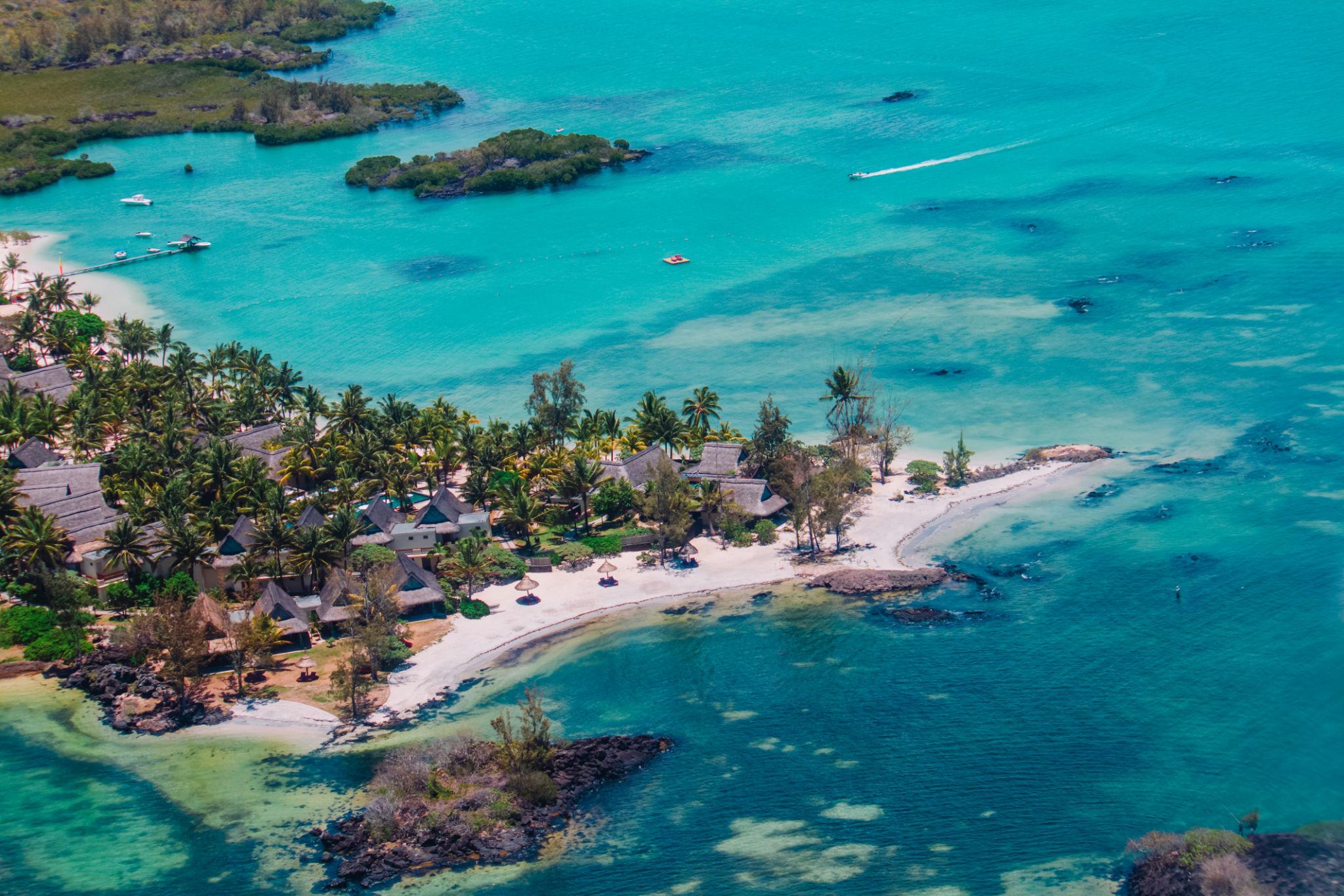 Aerial view of a Mauritius lagoon